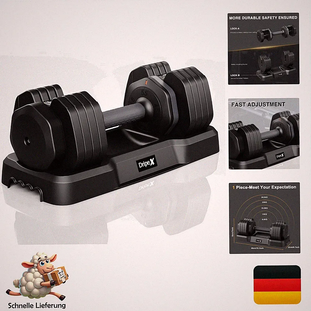 Dripex verstellbare Kurzhanteln Set 11kg/24,5kg/41kg mit Anti-Rutsch Griff, E...