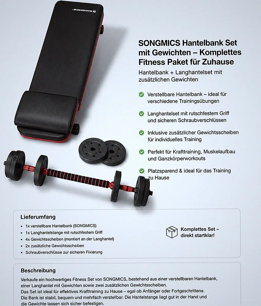 Fitness-/ Homegymset, Hantelbank und Langhaltestange mit mehreren Gewichten