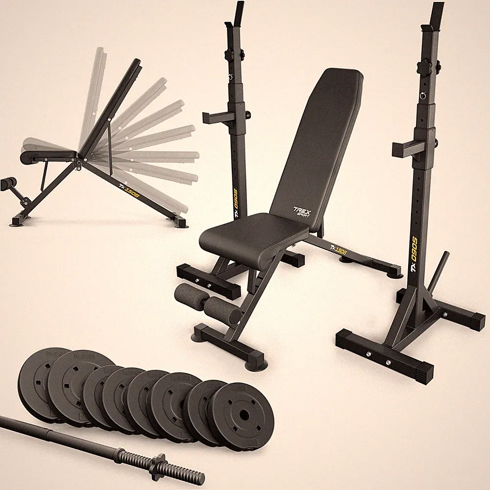 Hantelbank mit Gewichten Set und Hantelablage mit Hantelscheiben 28kg TREX SPORT