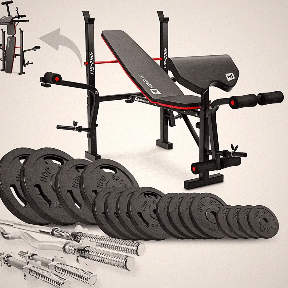 Hop-Sport Hantelbank Kraftstation 1055 mit Gusseisen Hantelset 39 kg bis 146 kg