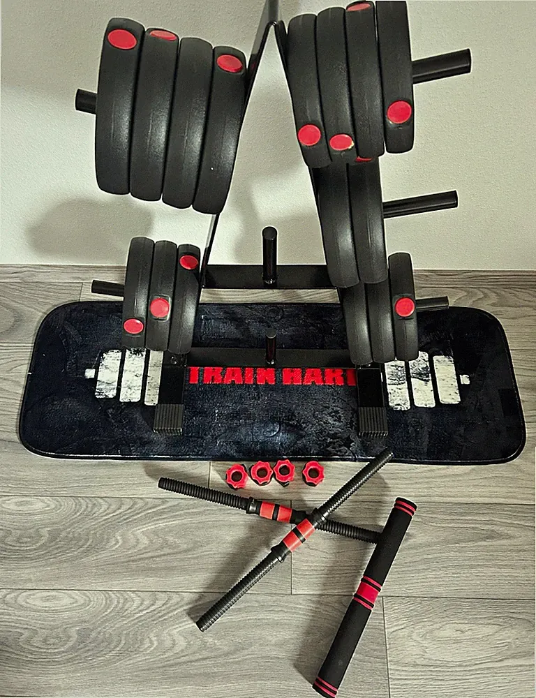 Train Hard verstellbares Kurzhantel-Set schwarz/rot mit Ständer & Scheiben