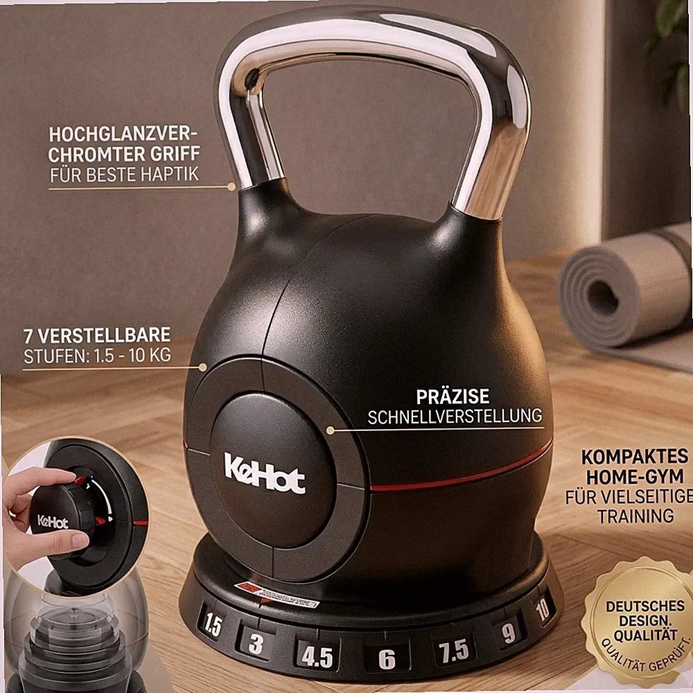 Verstellbare Kettlebell 10 kg mit 7 Gewichtsstufen, Ablagebasis, Krafttraining