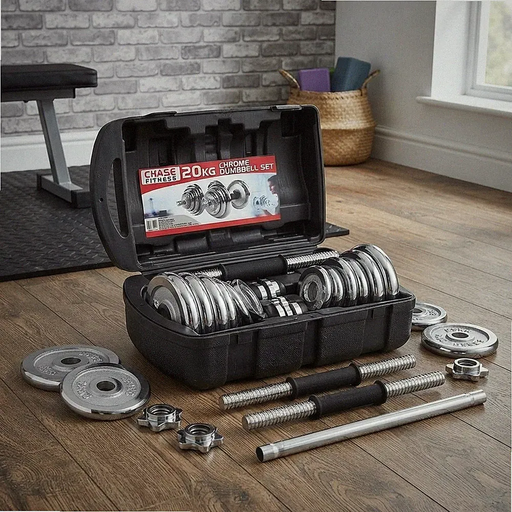 Verstellbares Gewicht Set: 20 kg Chrom Hanteln & Langhantel für Heimfitness